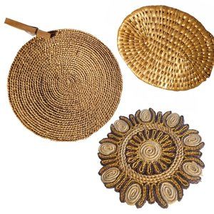 3pc Vintage Handmade Braided & Woven Rattan Raffia Wicker Trivets